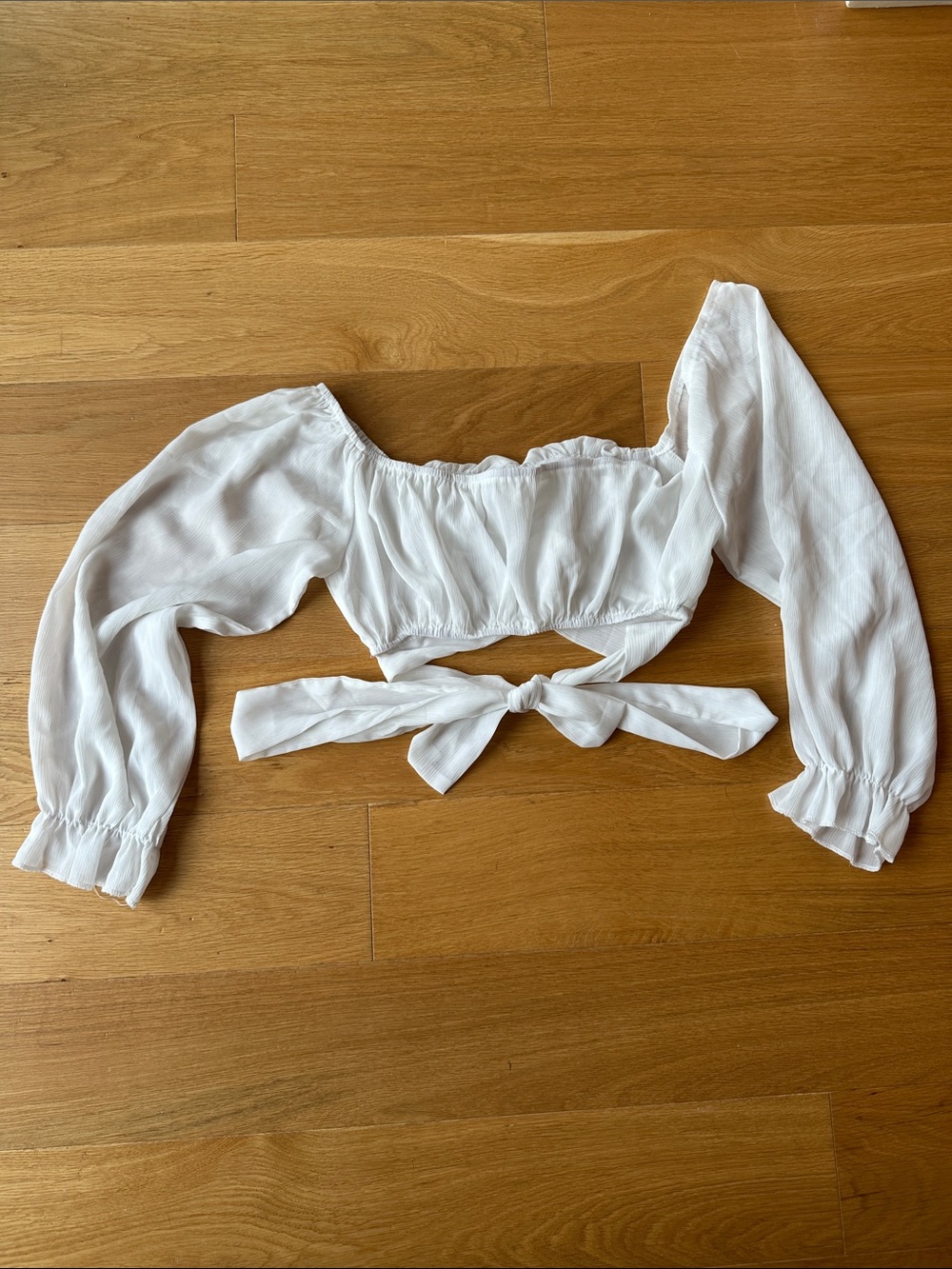 LYANER White Off Shoulder Tie Back Crop Top Puff Sleeve Blouse Size M